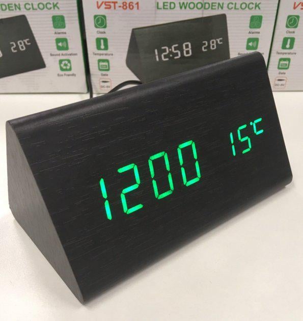 Электронные настольные часы-будильник с термометром LED WOOD CLOCK VST-861 под дерево с зеленой подсветкой Черный - фото 2