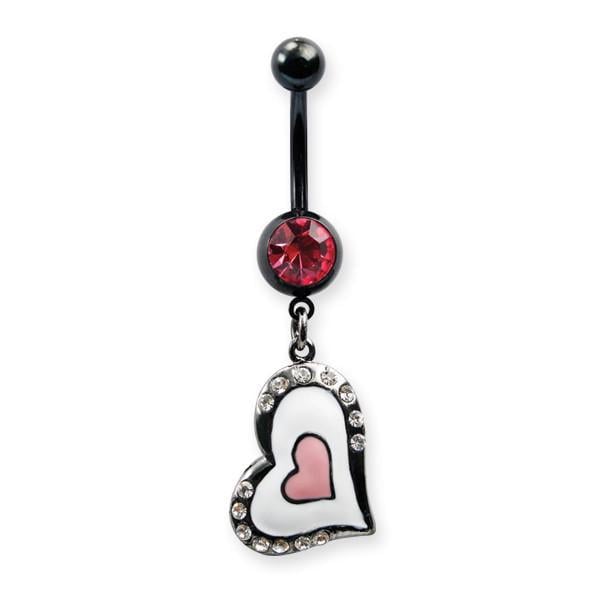 Серьга для пирсинга Банан в пупок с розовой стразой в нижнем шарике с сердцем в белой и розовой эмали Черный