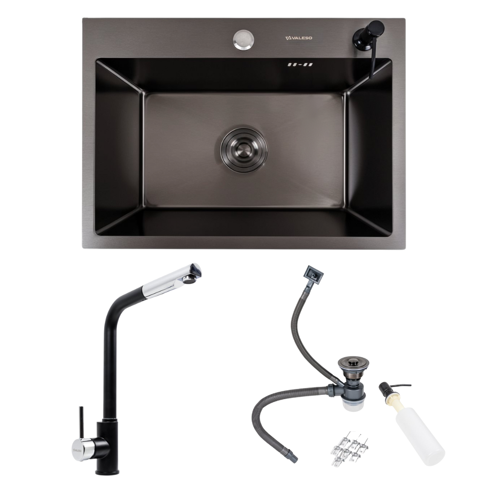 Кухонний комплект Valeso Handmade мийка 58x43 см/змішувач Q411MB PVD Чорний (000050613)