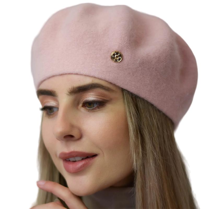 Берет женский Novita Молли ангоровый двойной теплый зимний Розовый/Пудровый