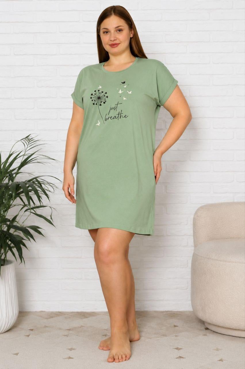 Туника хлопковая Nicoletta 84356k Одуванчик Plus Size с рукавчиком 4XL Зеленый