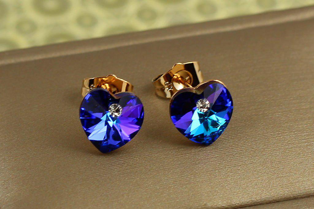 Серьги гвоздики Xuping Jewelry Сваровские сердечки синие хамелеон 1 см Золотистый (29327487)