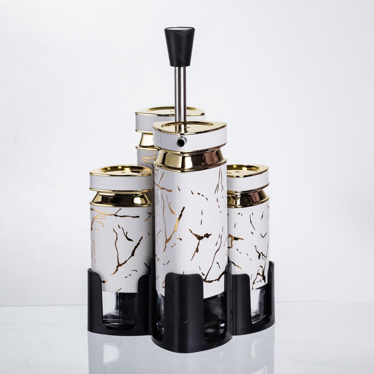 Набір баночок для спецій і рідких текстур на підставці 4 предмети Білий мармур (HP-1331) - фото 5 Набір баночок для спецій і рідких текстур на підставці 4 предмети Білий мармур (HP-1331) - фото 5