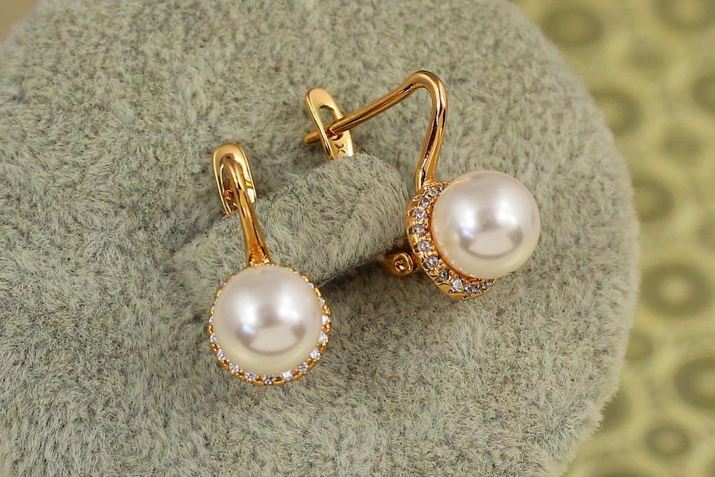 Серьги Xuping Jewelry жемчужина с фианитами по кругу 1,7 см. Золотистый (2574116816)