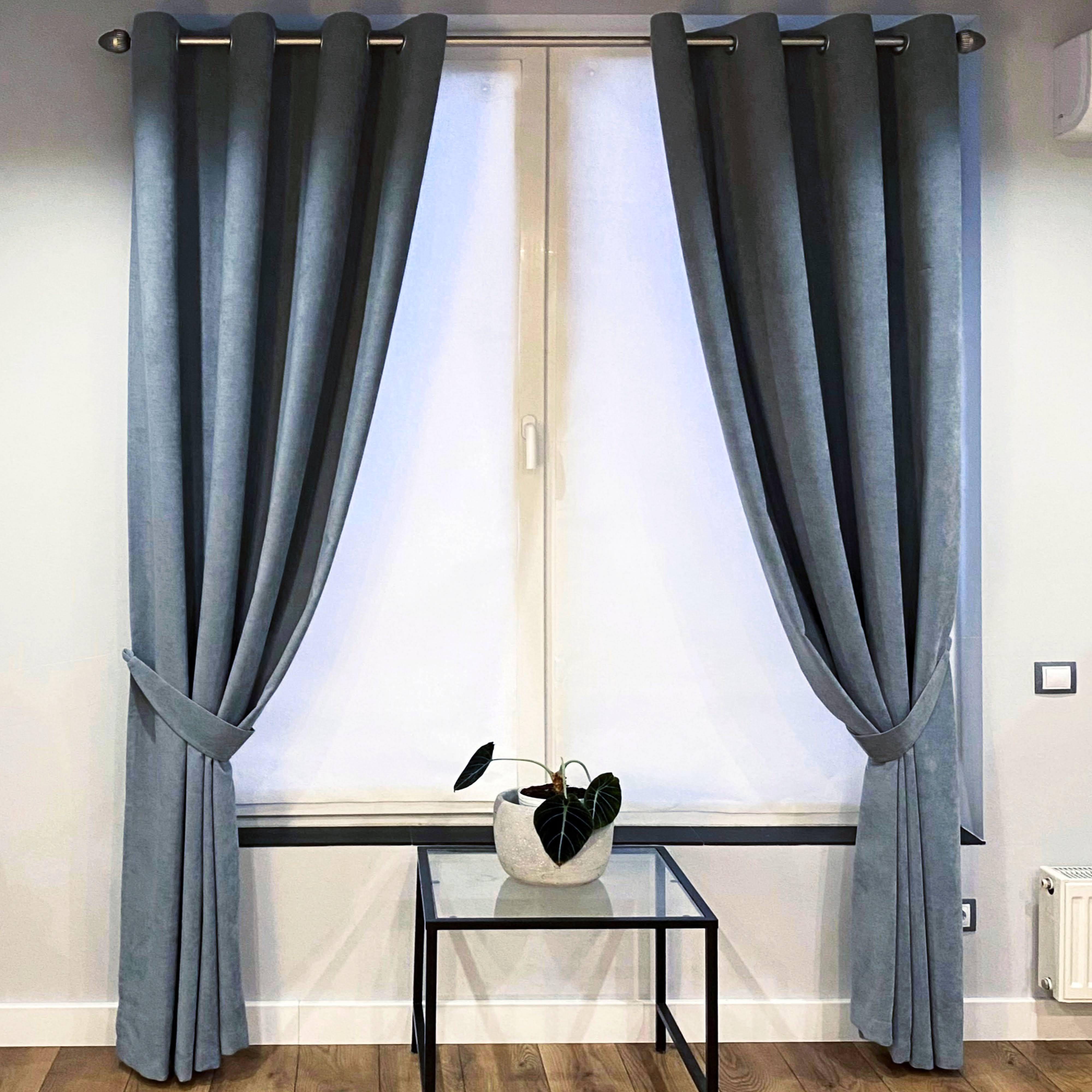 Шторы на серых люверсах с подхватами микровелюр 150x250 см 2 шт. Серо-синий (5801114-МТ22/150-GR) - фото 1