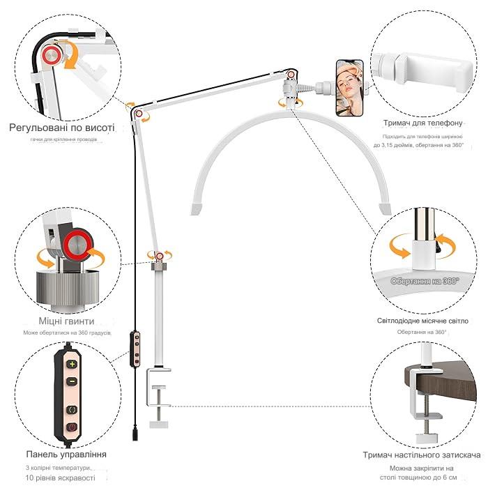 Лампа-дуга безтіньова LED HD-M1X з тримачем для телефону обертанням на 360° на USB 20 Вт 40 см Silver (115394) - фото 6