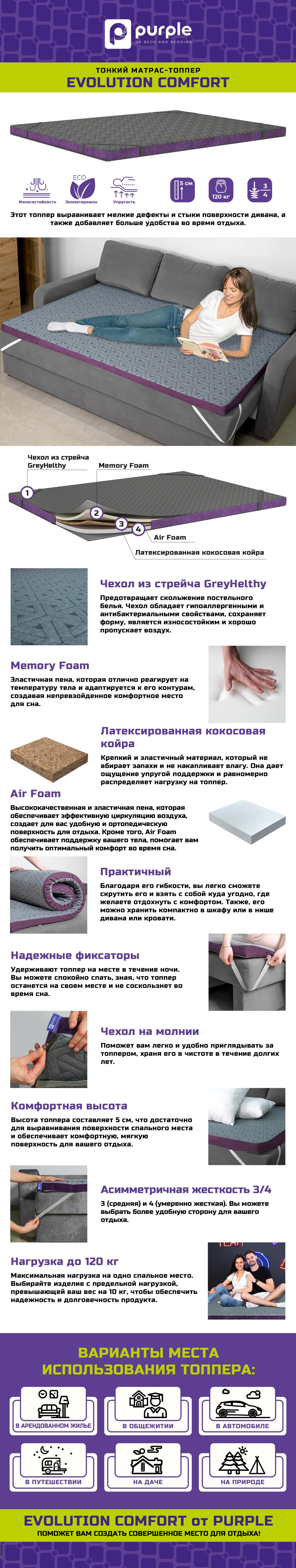 Матрац-топер тонкий PURPLE Evolution Comfort 110x190 см (10110340401-110190) - фото 10