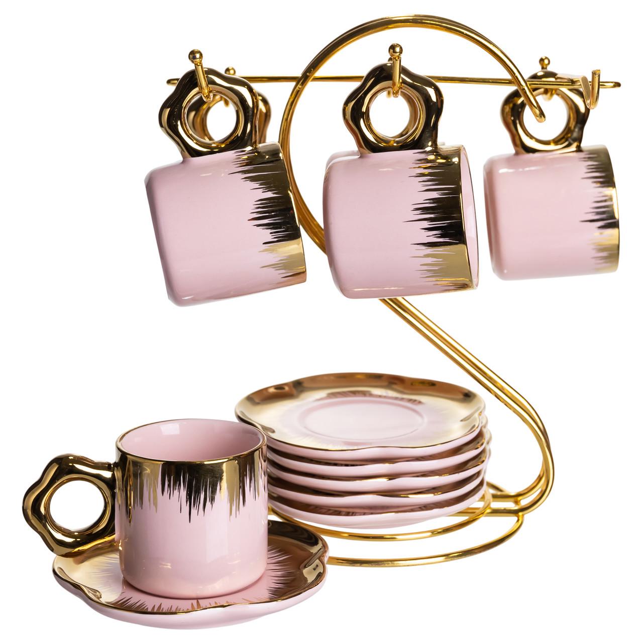 Набір чашок для кави на металевій підставці подарунковий 6 шт. по 100 мл Рожевий із золотим (FM-48)