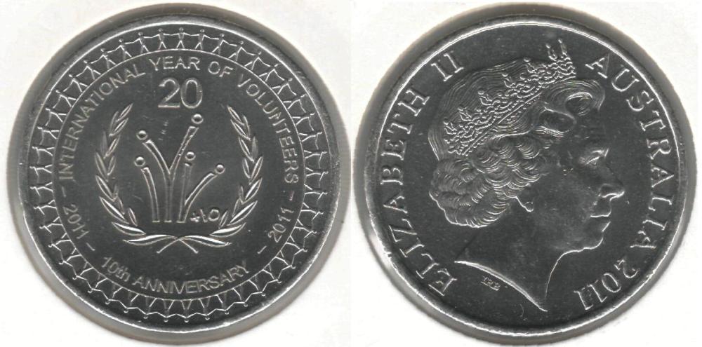 Коллекционная монета Австралия 20 центов 2011 Год волонтерства VF (KM#1634)