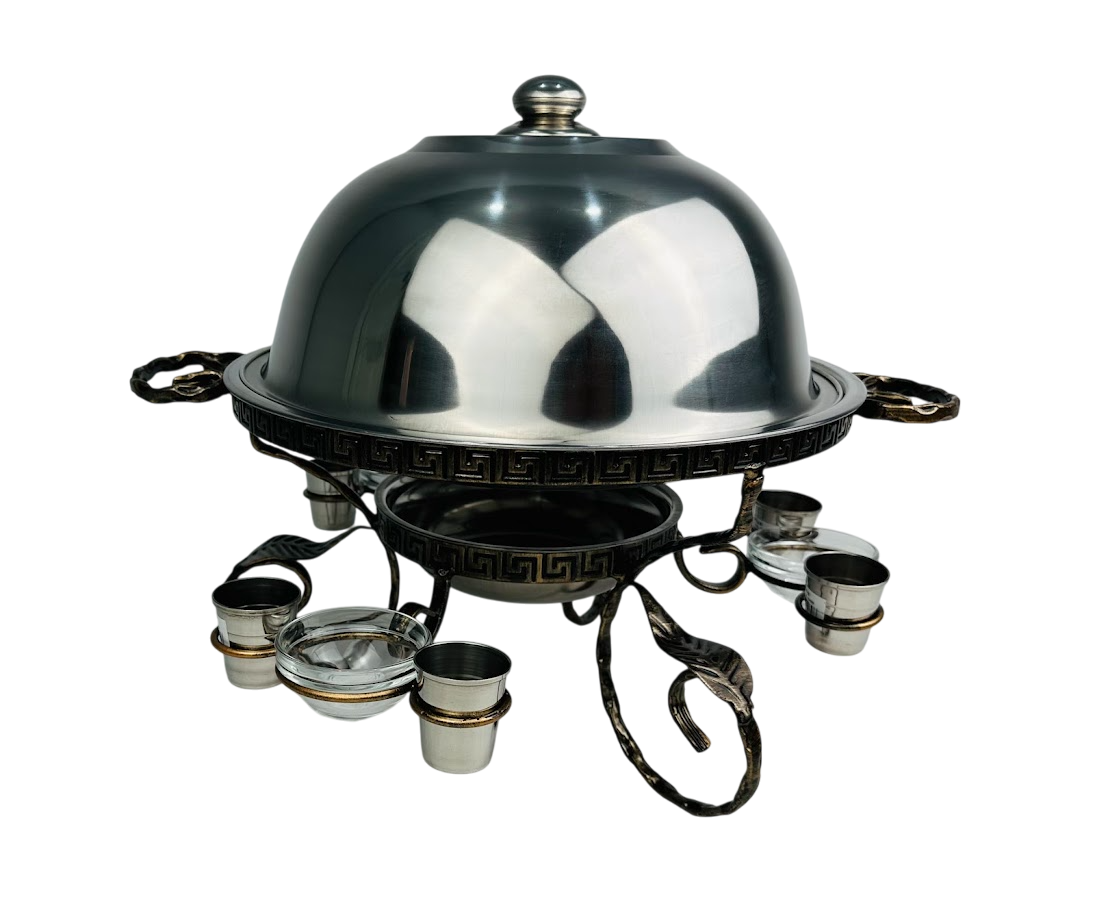 Садж круглый Греция для подогрева и подачи шашлыка с крышкой 36 см из нержавеющей стали с 3-мя соусницами и 6-ю рюмками (124-10-SJ-6577) Садж круглый Греция для подогрева и подачи шашлыка с крышкой 36 см из нержавеющей стали с 3-мя соусницами и 6-ю рюмками (124-10-SJ-6577)