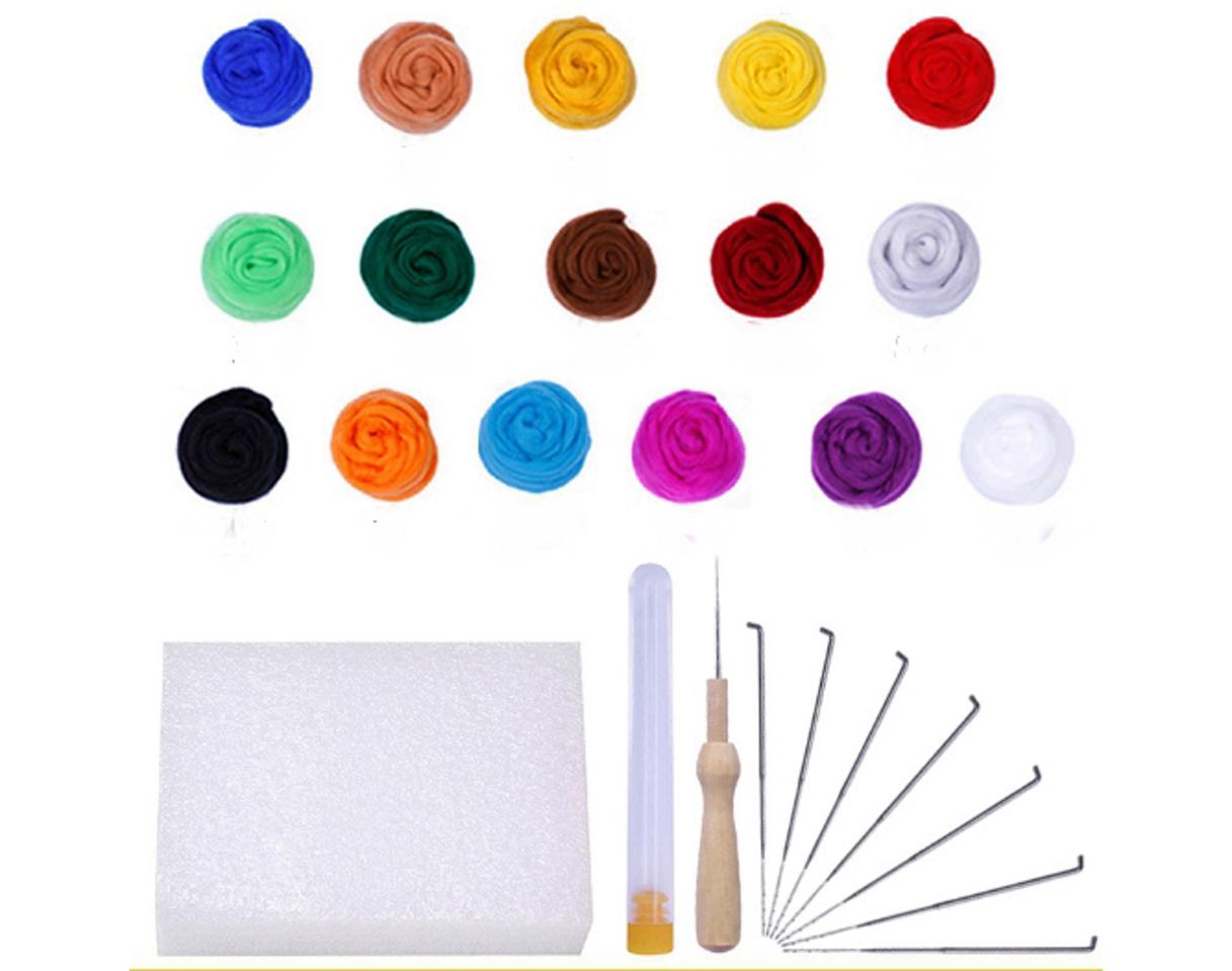 Набор шерсти для валяния 16 цветов по 10 г с инструментами (7660)