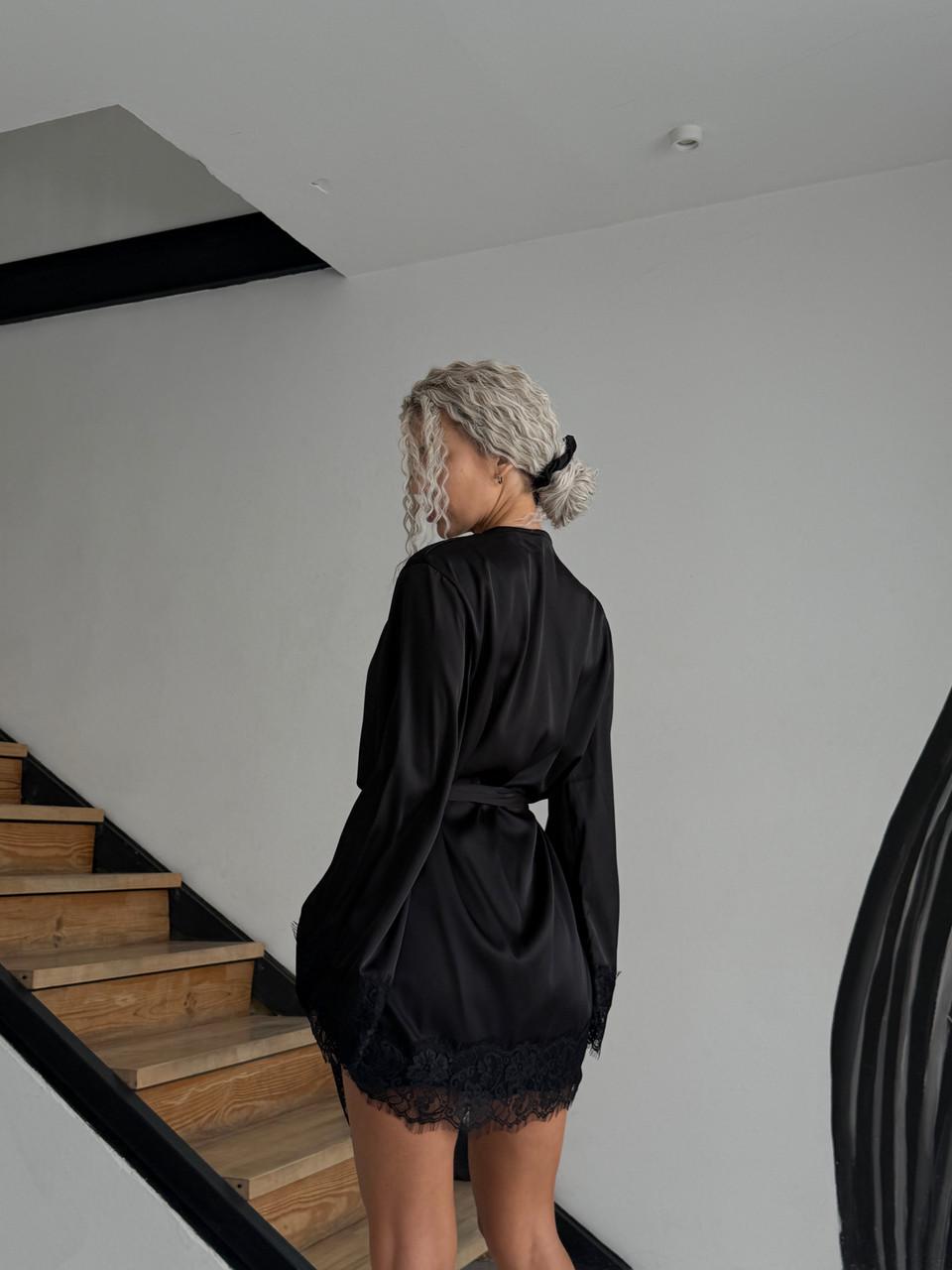 Халат женский шелковый с кружевом Чернный (2533884022) - фото 6