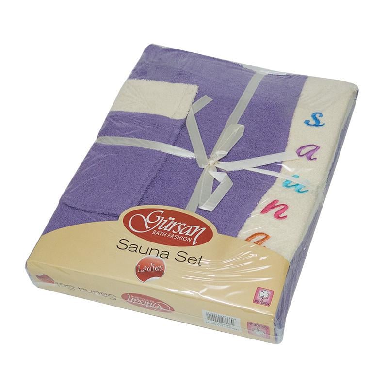 Набір для сауни жіночий Gursan Cotton Violet рушник 75х150 + чалма + капці (18890)