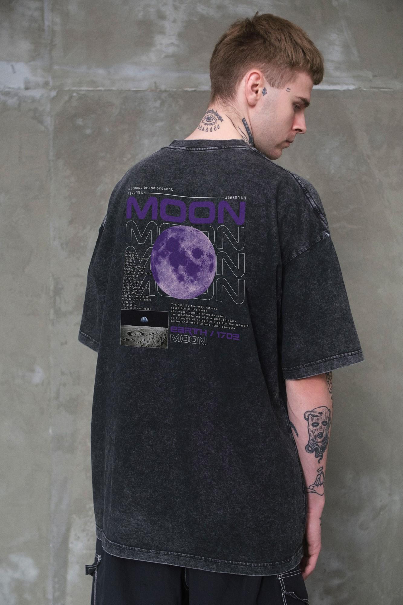 Футболка мужская оверсайз Without Washed вываренная с принтом Moon S/M Black (S8049608)