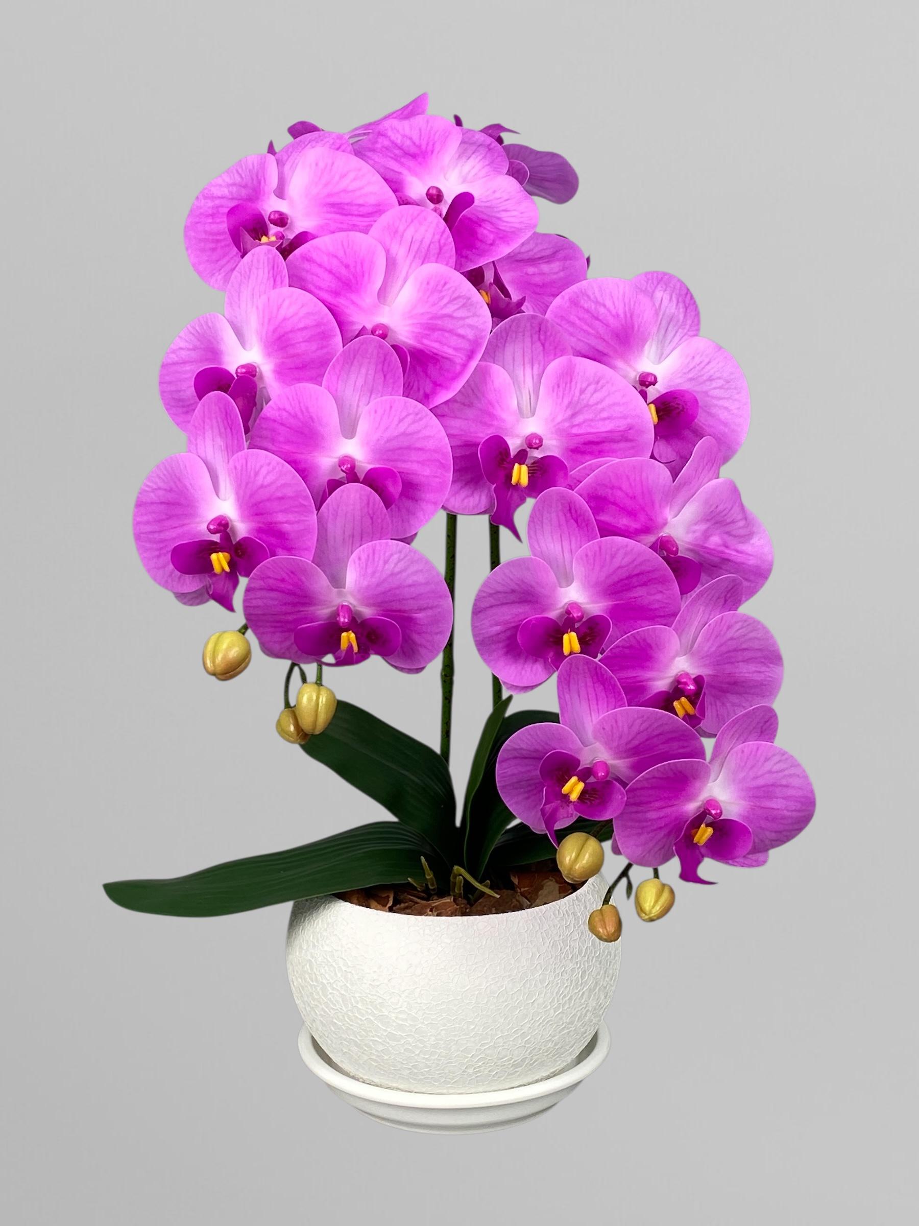 Композиция настольная из искусственных орхидей из латекса 2 веточки в керамическом кашпо 55 см Сиреневый (А192)