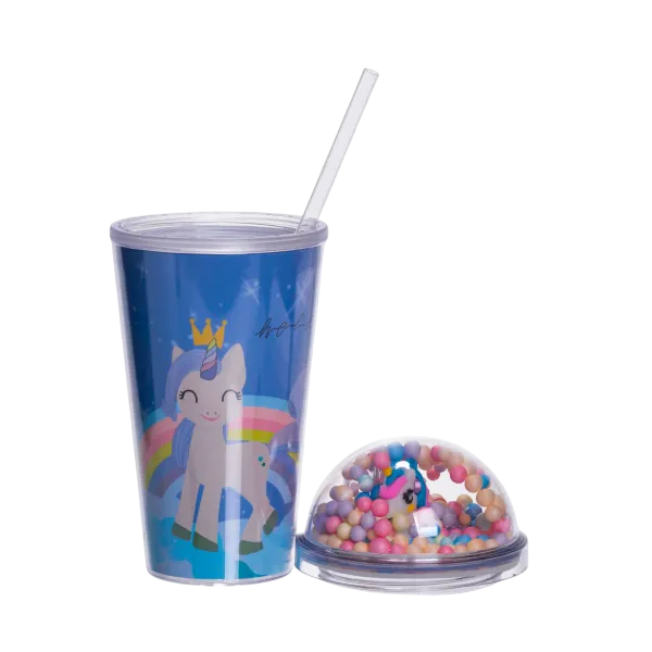 Стакан многоразовый Единорог с крышкой и трубочкой 400 мл Синий (HP-18-2BL)