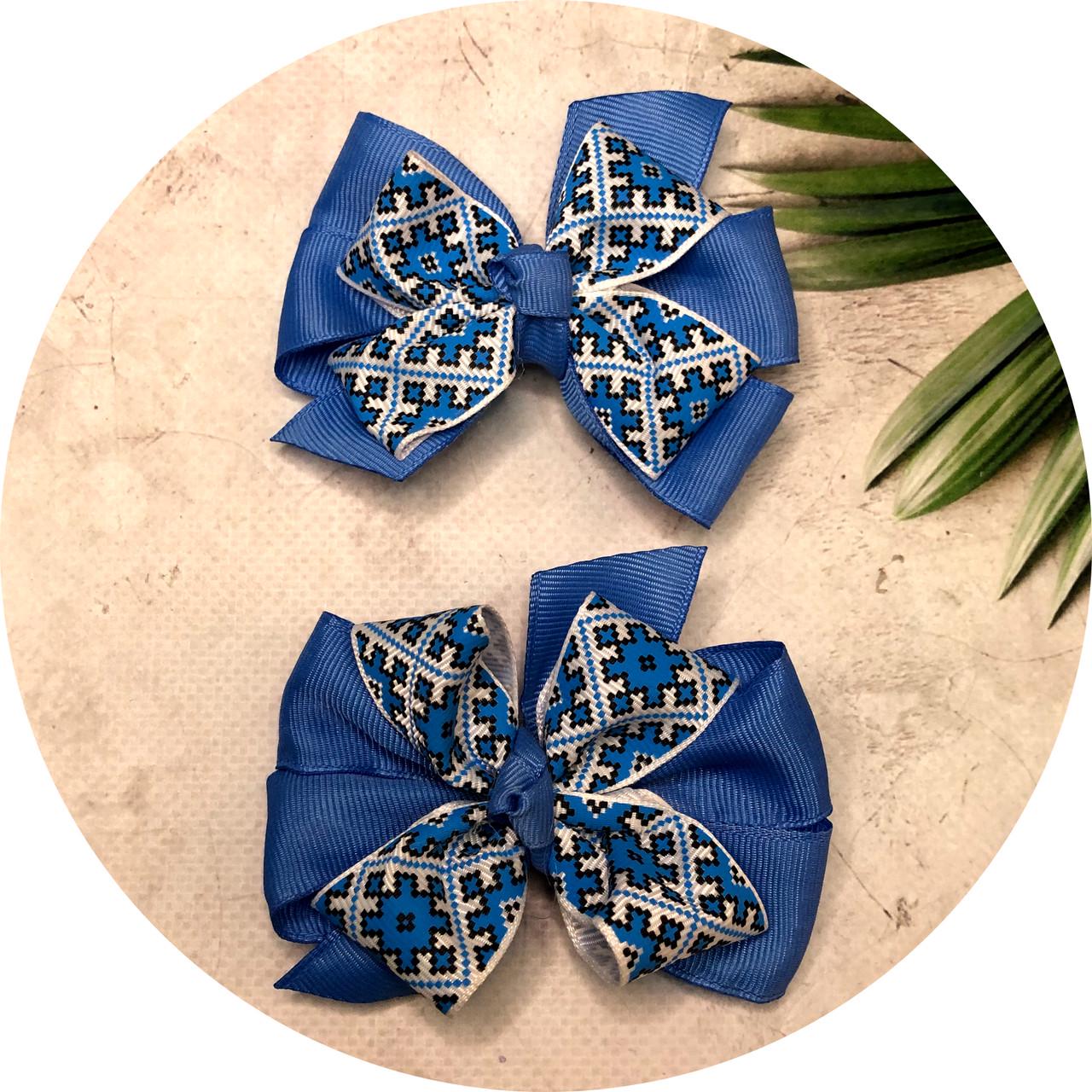 Бантики детские на шпильке Украинский орнамент 8 см 2 шт. Синий (11369)