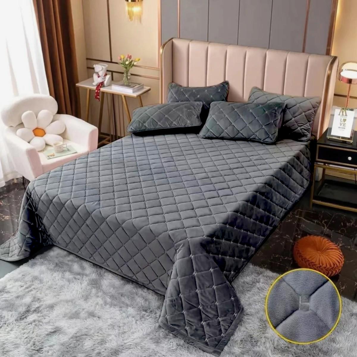 Покривало велюрове стьобане Koloco Ромби гіпоалергенне євро 220х240 см Графітовий (41906) - фото 4