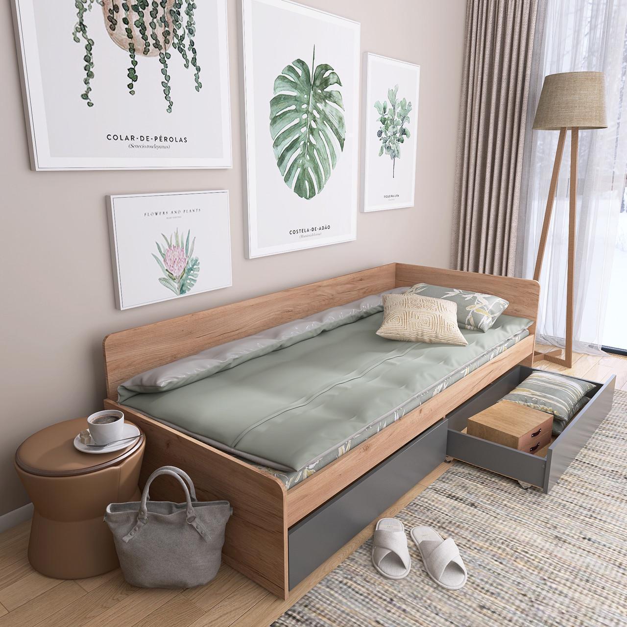 Кровать односпальная Эверест 800 сплошной щит с 2 ящиками Крафт золотой/Графитовый (е-20739.33)