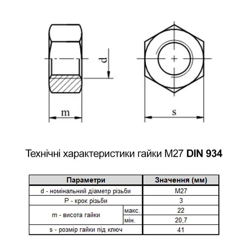 Гайка шестигранна Metalvis М27 DIN934 сталь 6 крок 3 під ключ 41 мм цинк 25 кг Білий (60200000060272000K) - фото 2