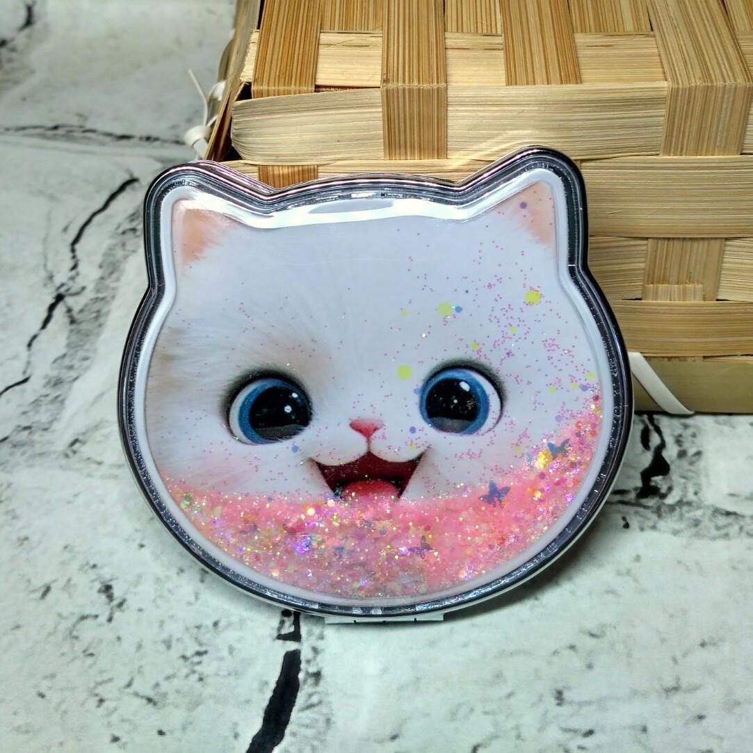 Зеркало карманное косметическое Котик жидкие блестки 7,5х7 см Белый (А982)