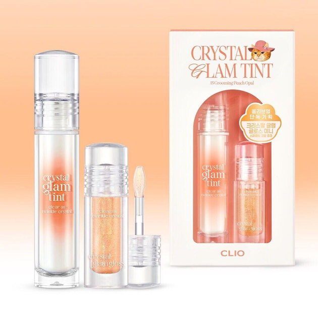 Тінт для губ сяючий CLIO Crystal Glam Tint 15 Grooming peach opal Set (8809970756502)