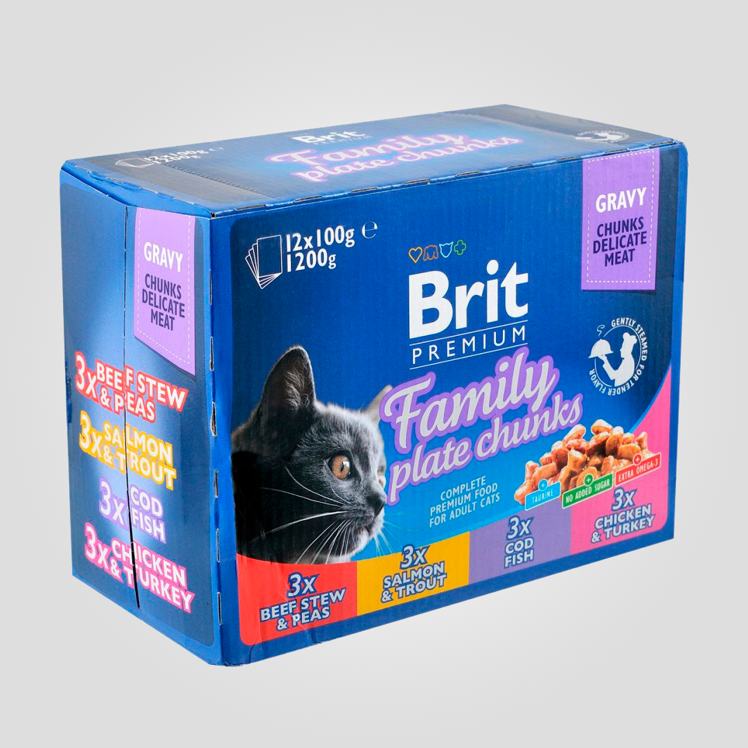 Набор влажных кормов Brit Premium Cat Pouch Семейная тарелка для кошек 4 вкуса 12 шт. х 100 г (20504664)