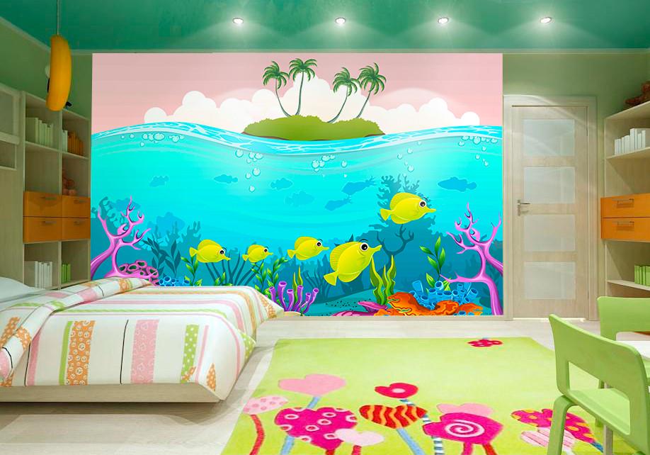 Фотообои 3D для детской комнаты Остров и морские рыбки
