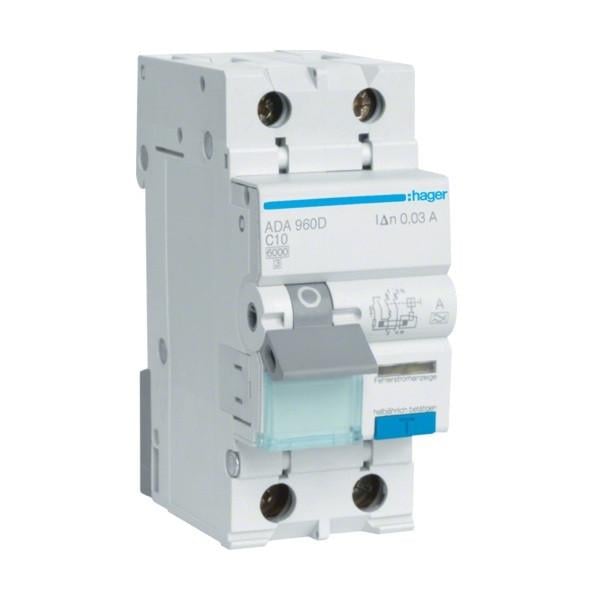 Дифавтомат Hager 2 полюса 6kA тип C 10A 30mA тип A ADA960D (74339)