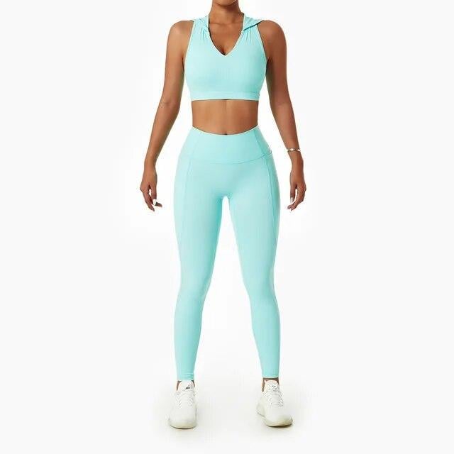 Костюм спортивный без пуш-ап топ с капюшоном/леггинсы M Голубой (MU03M)