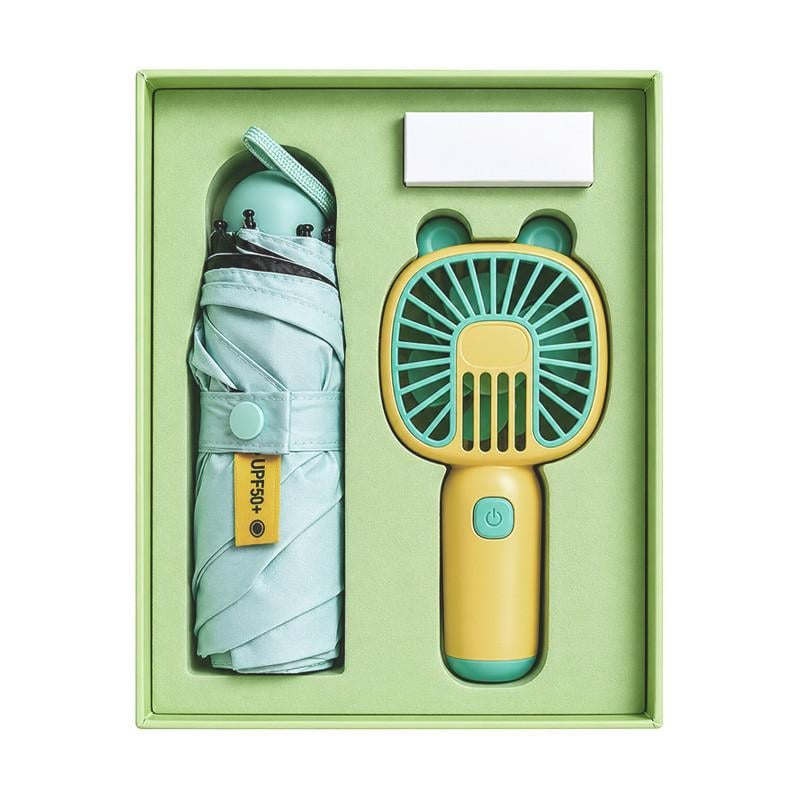 Подарунковий бокс Lesko WLKD0319-2 портативний вентилятор та міні-парасолька Green/Yellow (37275061)