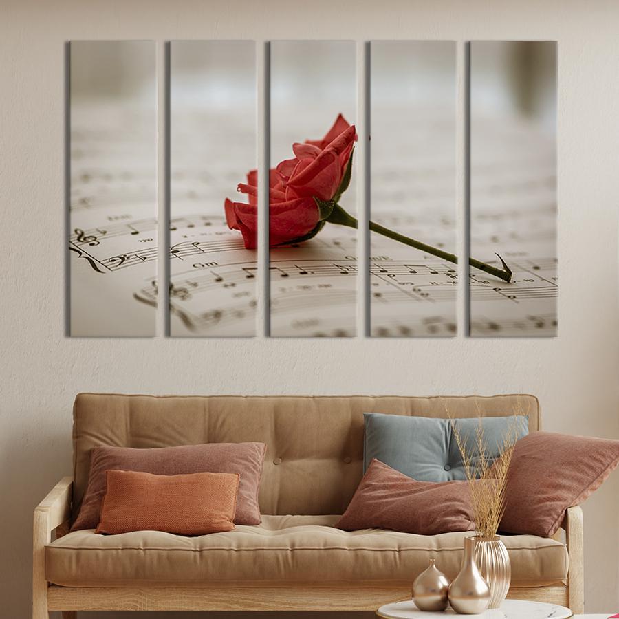 Модульная картина из 5 частей на холсте интерьерная картина Изысканная роза и нотный лист 87x50 см (217-51) Модульная картина из 5 частей на холсте интерьерная картина Изысканная роза и нотный лист 87x50 см (217-51)