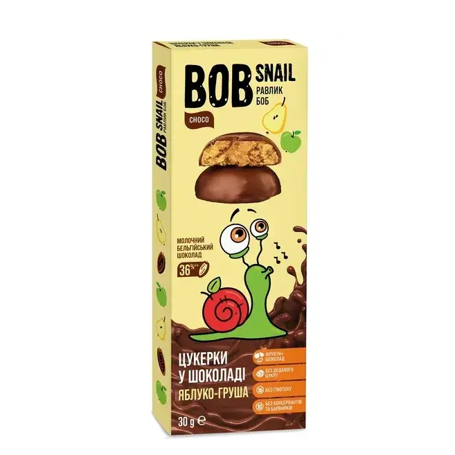 Цукерки Яблуко/Груша у бельгійському молочному шоколаді Bob Snail 30 г