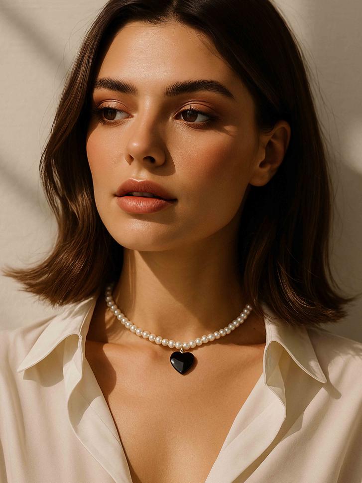 Чокер LeBijou із перламутру із серцем Чорно-білий (5257)