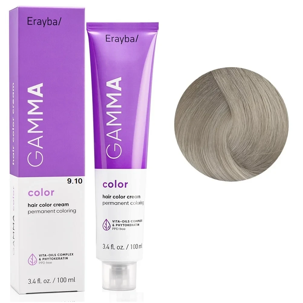 Краска для волос перманентная Erayba Gamma Color Cream 9/10 Очень светлый пепельный блонд 100 мл