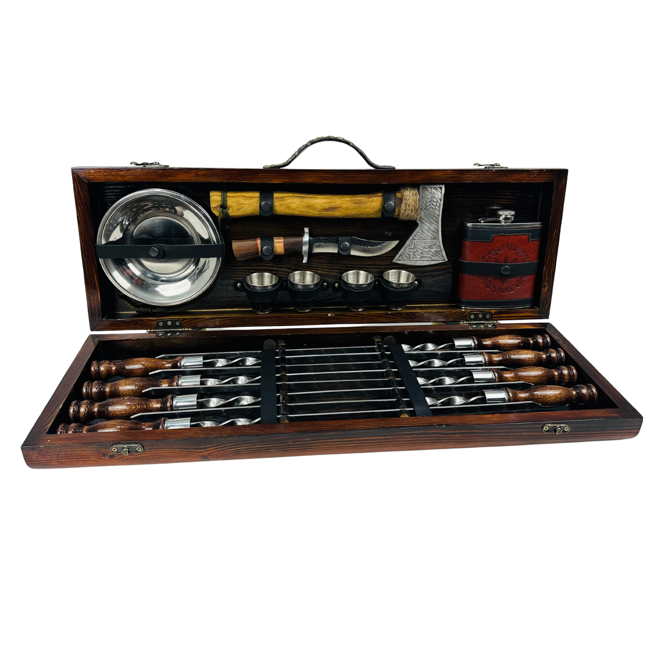 Подарочный набор шампуров Венге из нержавеющей стали в деревянном кейсе с аксессуарами