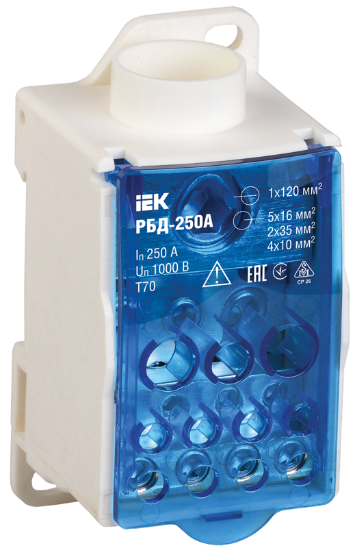 Блок распределительный УЕК РБД-250А 250А вход 1х120 мм2 выход 2х35/5х16/4х10 мм2 на DIN-рейку (RBD-250-U) Блок распределительный УЕК РБД-250А 250А вход 1х120 мм2 выход 2х35/5х16/4х10 мм2 на DIN-рейку (RBD-250-U)