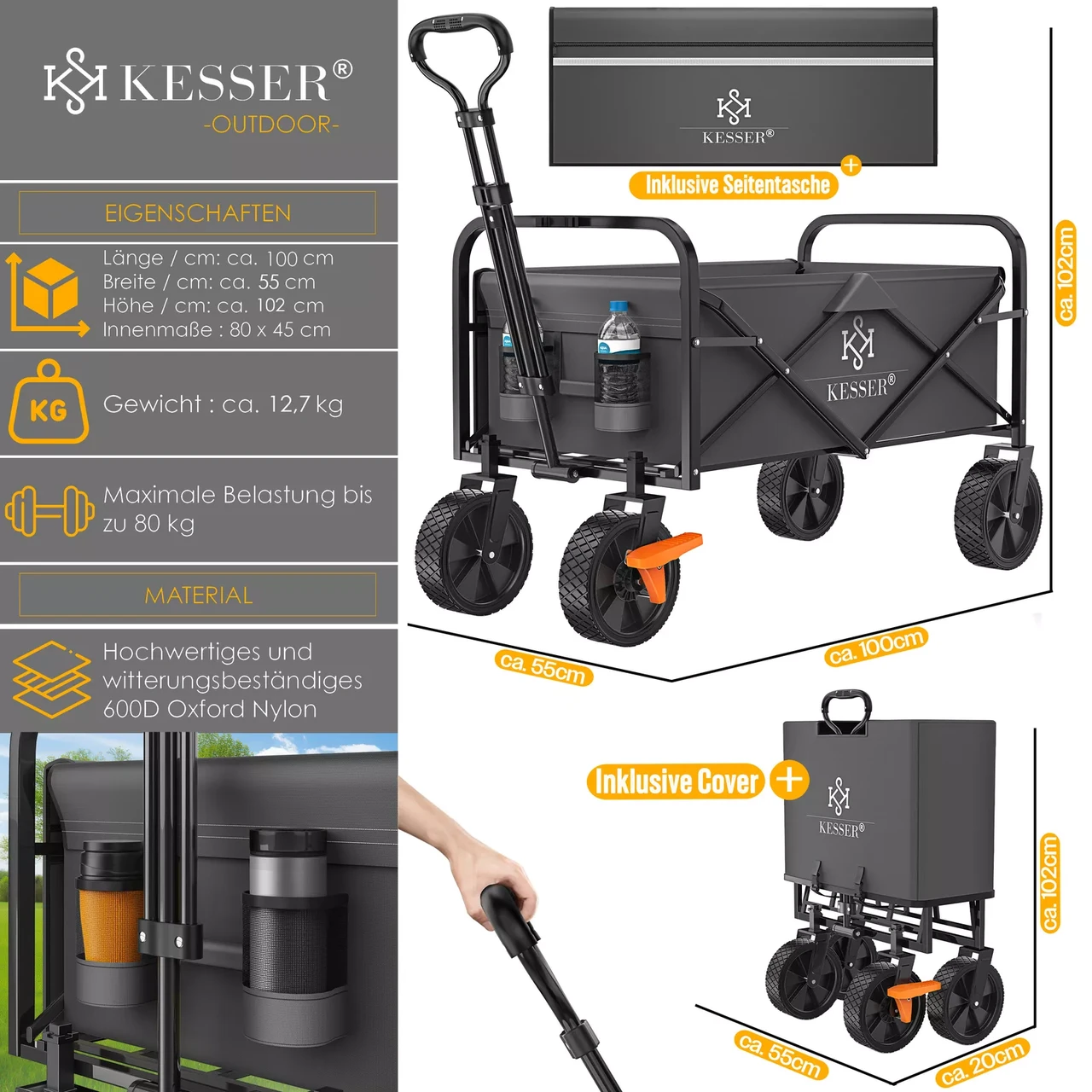 Тачка садово-строительная KESSER Oxford 600D 80 кг 90х52х102 см (4255598323062) - фото 2 Тачка садово-строительная KESSER Oxford 600D 80 кг 90х52х102 см (4255598323062) - фото 2