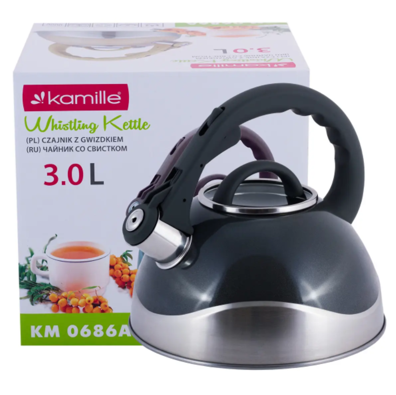 Чайник Kamille KM-0686A из нержавеющей стали со свистком для индукции и газа 3 л Черный (NA002356)