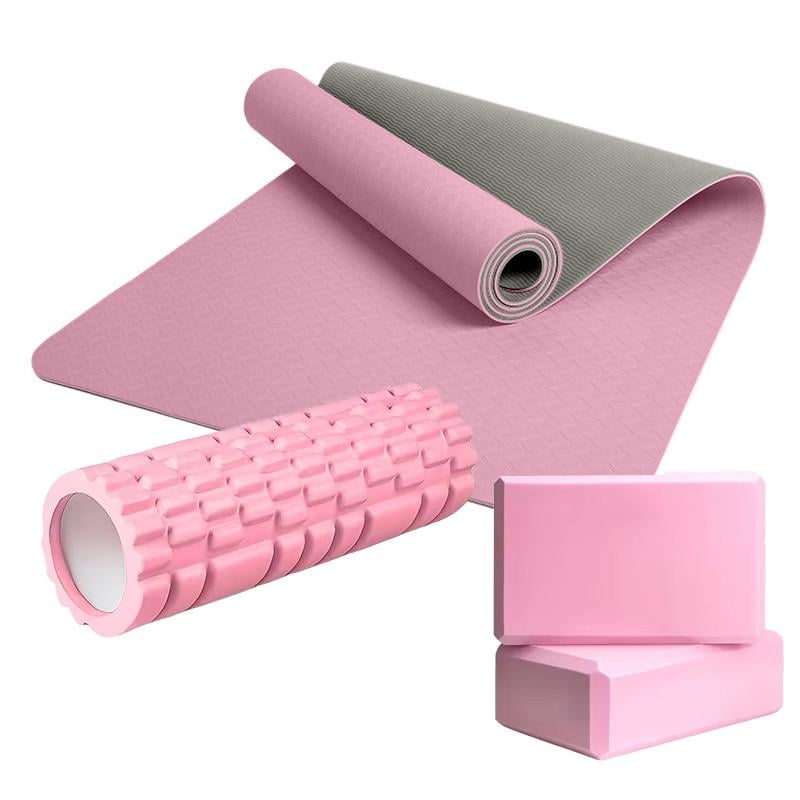 Набор для йоги Feel Fit коврик двусторонний 183х61 см и ролл-массажер и блоки 2 шт. Розовый (MS-0613-NB2)
