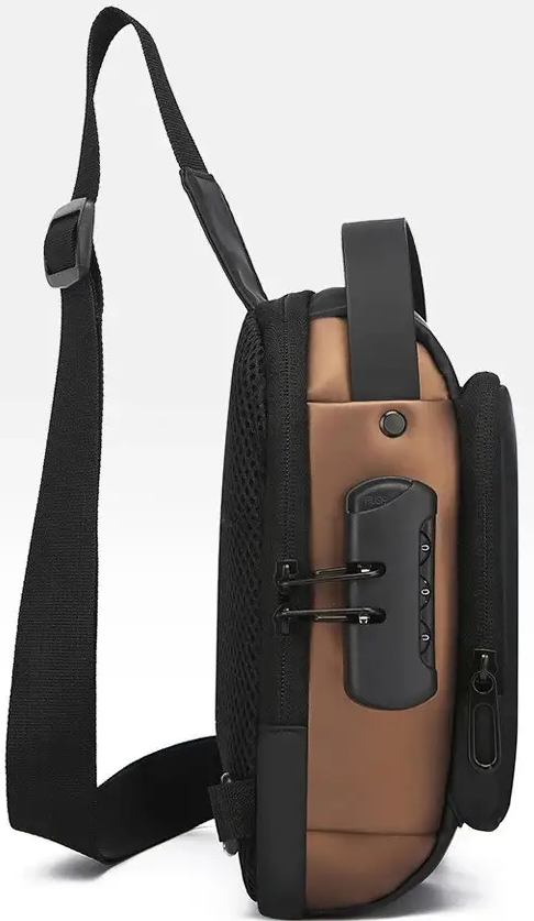 Сумка нагрудна чоловіча водонепроникна USB Чорний з коричневим (29697215) - фото 10 Сумка нагрудна чоловіча водонепроникна USB Чорний з коричневим (29697215) - фото 10