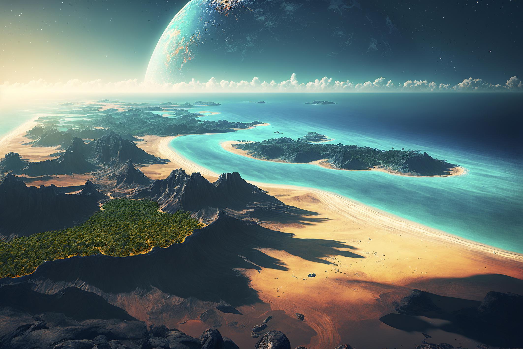 Фотообои флизелиновые Upstream Вид на невероятную планету с пляжа 368х245 см (S5NTR-094/7)