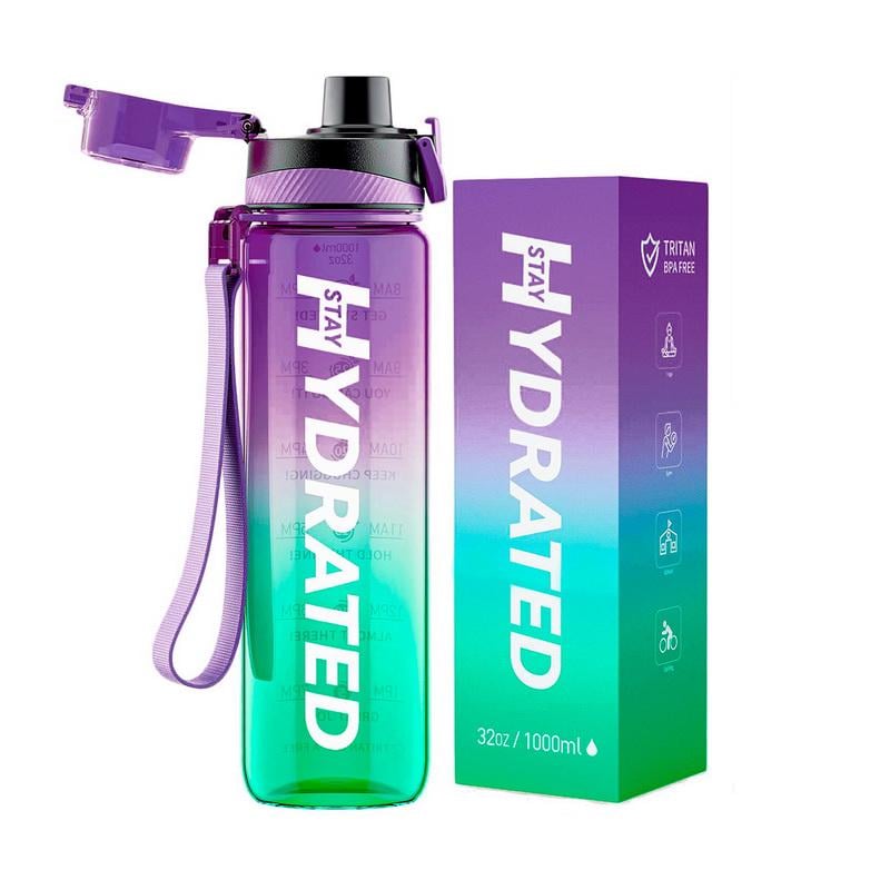 Бутылка для воды спортивная из тритана с крышкой на кнопке и ремешком Brave U Hydrate 1 л Фиолетово-зеленый