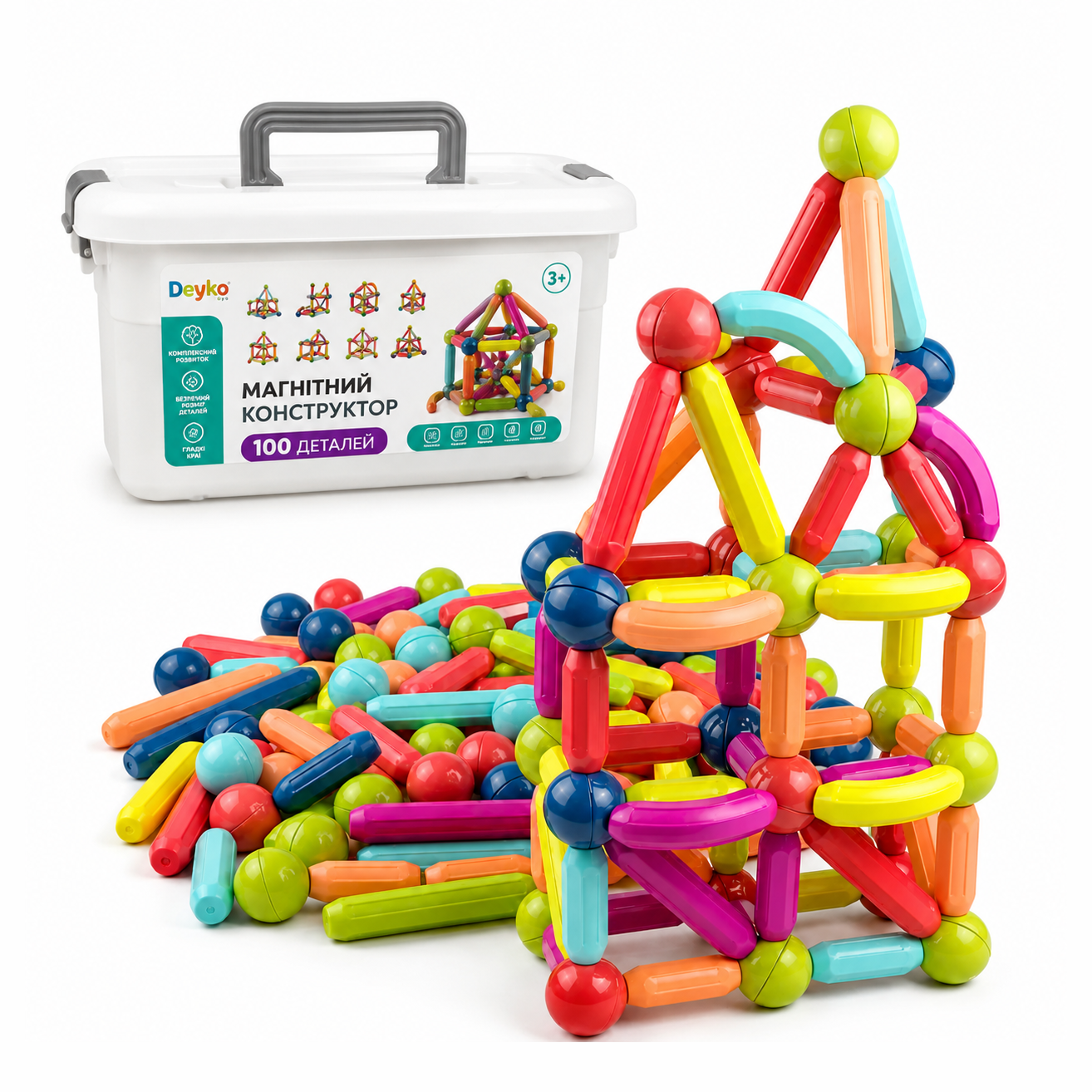 Конструктор детский 3D магнитный Magnetic Sticks из 100 цветных деталей для развития ребенка (15410275)