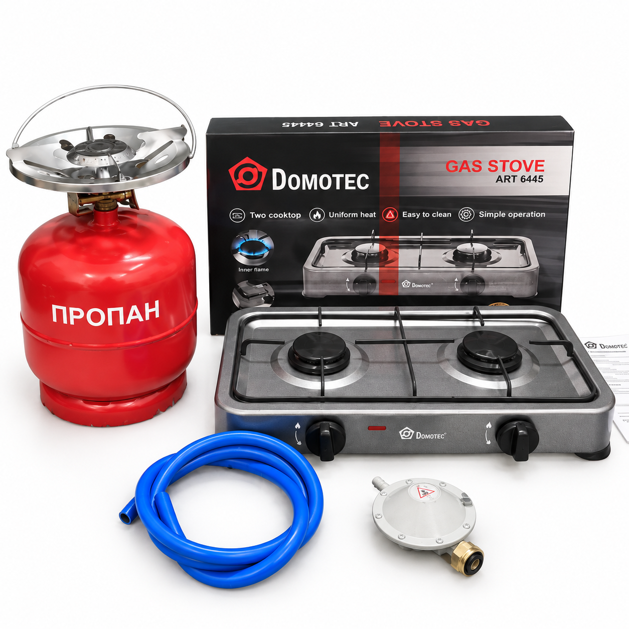 Плита газовая двухконфорочная Domotec и баллон газовый 8 л/редуктор со шлангом/горелка на баллон (38138492)