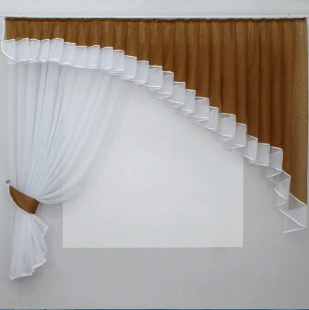 Занавеска на кухню/балкон с ламбрекеном шифон 200х170 см Коричневый/Белый (062к) - фото 3 Занавеска на кухню/балкон с ламбрекеном шифон 200х170 см Коричневый/Белый (062к) - фото 3