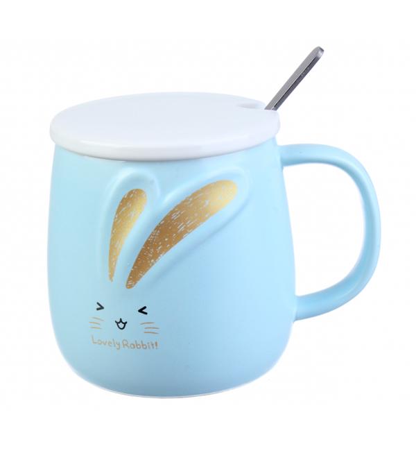 Чашка керамическая Зайка с ложечкой и крышечкой 400 мл Голубой (514062)