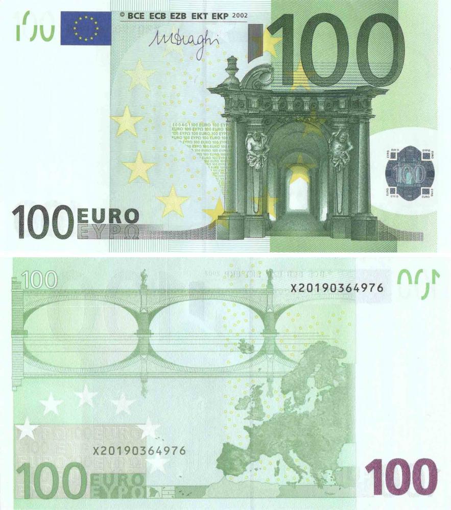 Коллекционная банкнота Германия 100 евро 2002 Х Е004 Драги UNC (Б08700)