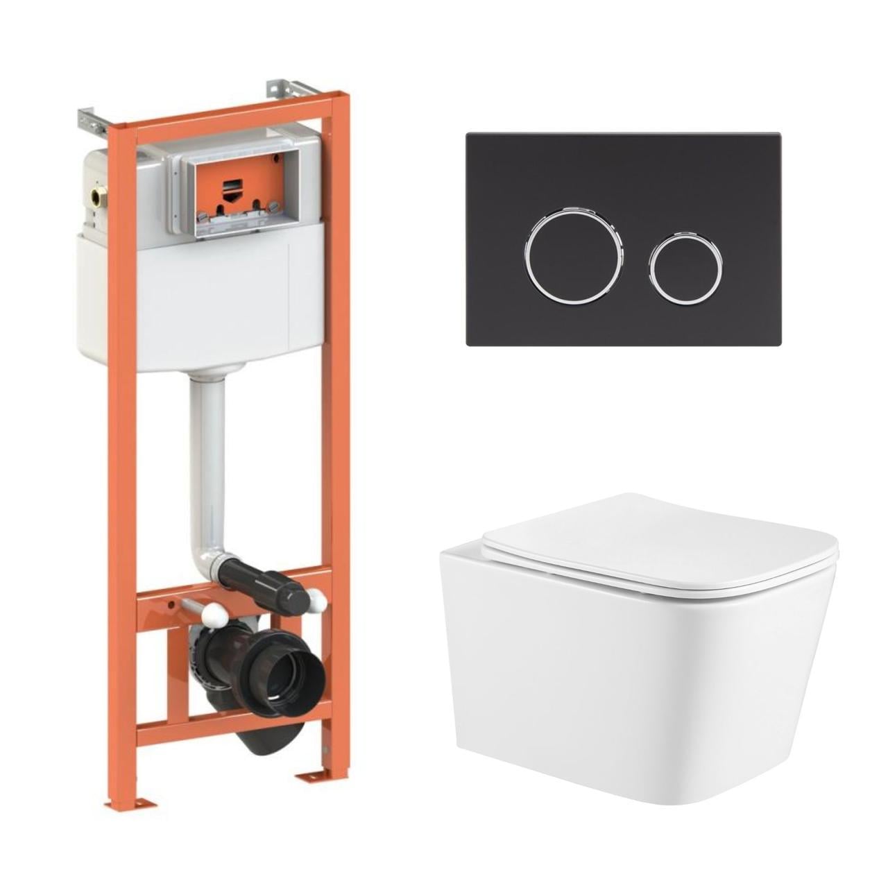 Установка Qtap подвесной унитаз Crow Ultra Quiet/комплект установки Nest 4в1 круглая клавиша Black (2611546619)