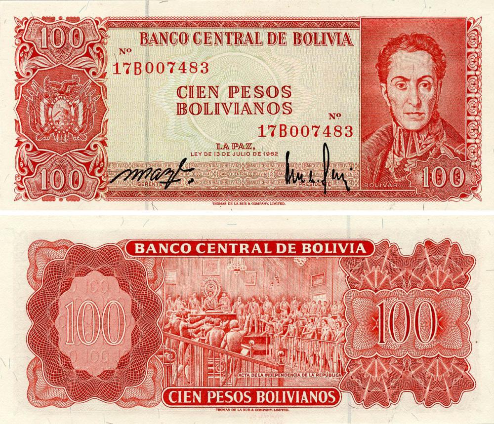 Коллекционная банкнота Боливия 100 боливиан 1962 год UNC (P164a)